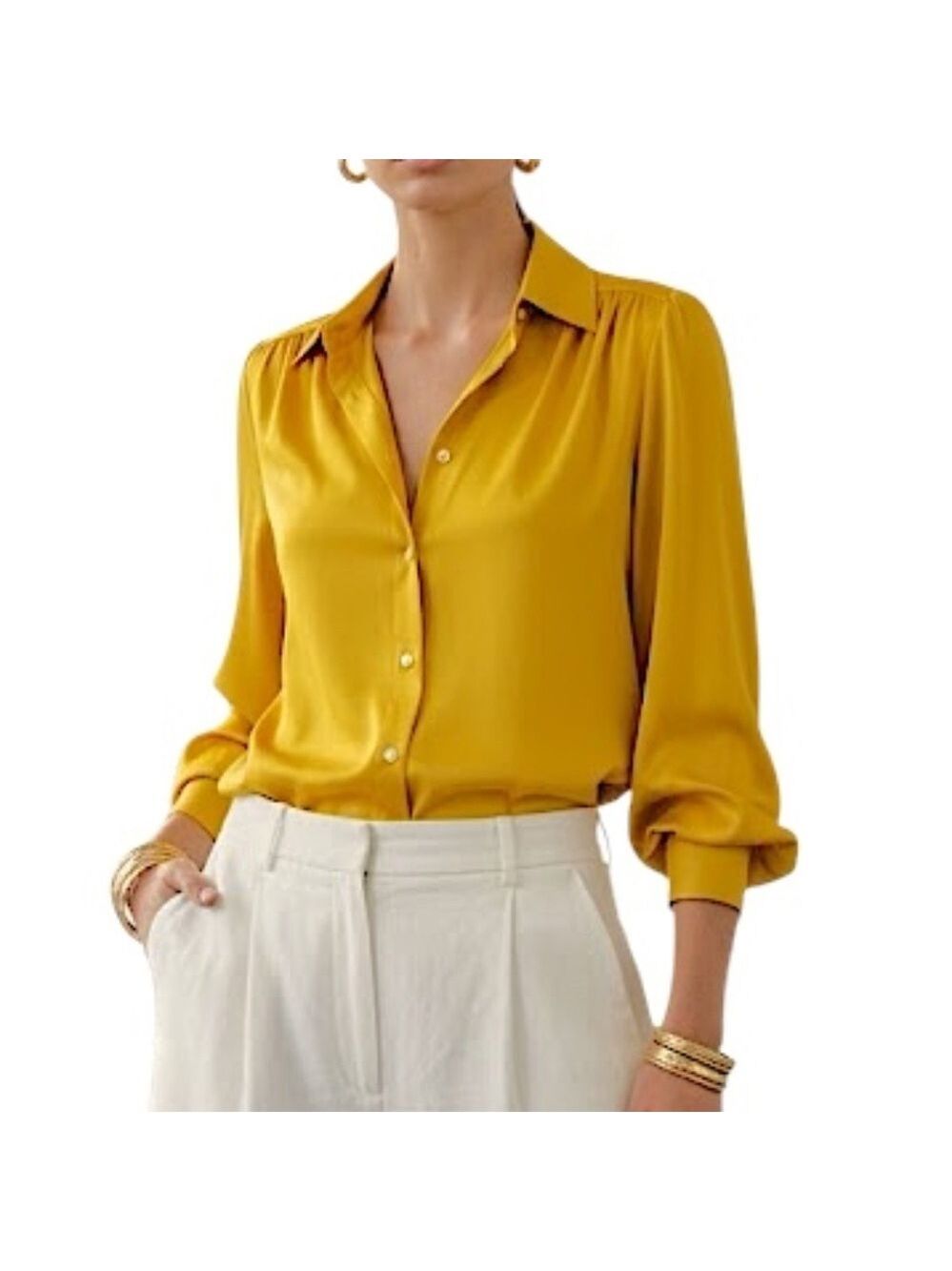 Vintage 90s Rouie old money golden mustard yellow silky long sleeve blouse 4